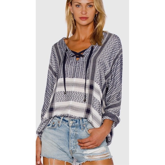 Rails Tops - Rails x Anthropologie LILY YARN-DYED Sapphire Jacquard Blue Baja Top SM Hippie